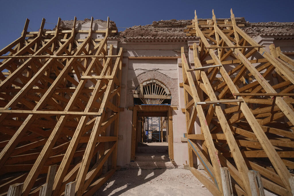 A wooden structure supports the Great Mosque of Tinmel which dates back to the 12th century and suffered significant damage during a 2023 earthquake, in the Atlas mountain village of Tinmel, outside of Marrakech, Morocco, Thursday, Sept. 5, 2024. (AP Photo/Mosa'ab Elshamy)